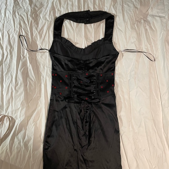 Lip Service Pin Me Up Lot: Corseted Halter Dress + fingerless satin gloves Small - Picture 8 of 10